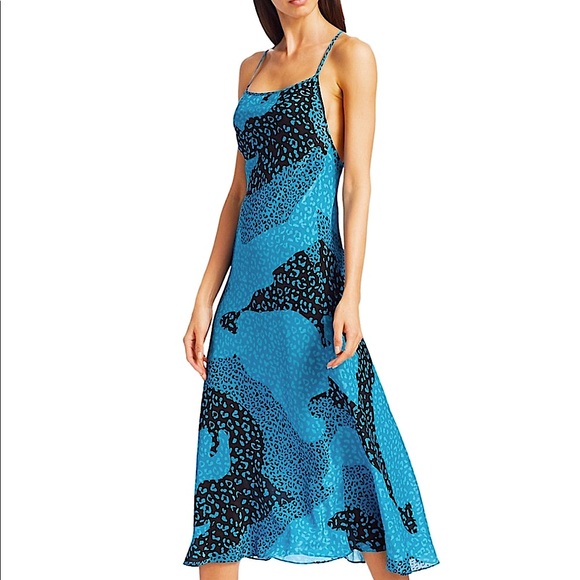 Rixo Sylvie Turquoise Blue Leopard Print Silk Midi Slip Dress Size XS NWT - Picture 3 of 14